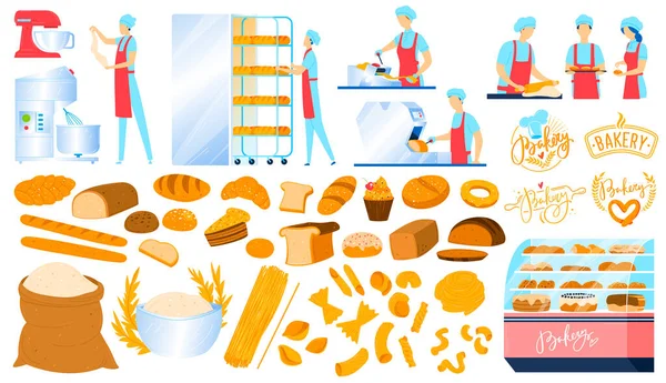 Panificio, attrezzatura pasticceria, pane cibo isolato icone serie di illustrazioni vettoriali. Prodotti da forno dolci, ingredienti, panettieri. — Vettoriale Stock