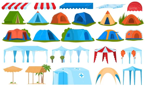 Tentes de camping, verrière, jeu d'auvent d'illustrations vectorielles isolées. Tente touristique extérieure avec verrière, forme de dôme en nylon hémisphère. — Image vectorielle