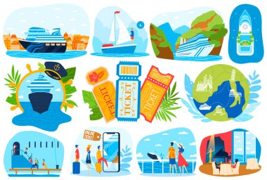 Vektör illüstrasyon destesi ile gemi seyahatleri. Deniz yazı okyanusta seyahat eder. Yolcu okyanus gemisi, kruvazör.