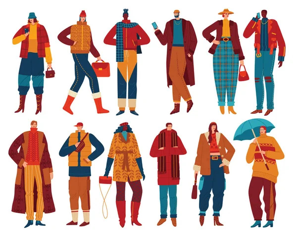 Las tendencias de moda de otoño para las personas de otoño en trajes de moda establecen ilustración vectorial. El estilo a la moda las mujeres y los hombres en la ropa a la moda. — Archivo Imágenes Vectoriales