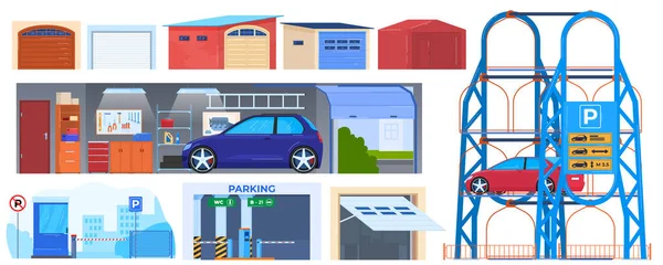 Porta del garage, edifici di parcheggio per auto vettoriali illustrazioni. Porte automatiche per auto, segnale di parcheggio. Automobille servizio di riparazione garage. — Vettoriale Stock