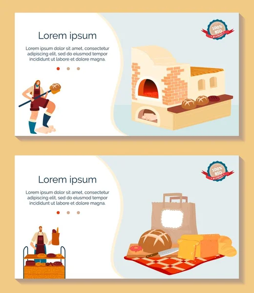 Set de ilustración de vectores de pan para hornear, colección de pancartas de panadería plana de dibujos animados con panadero en delantal, pan para hornear — Vector de stock