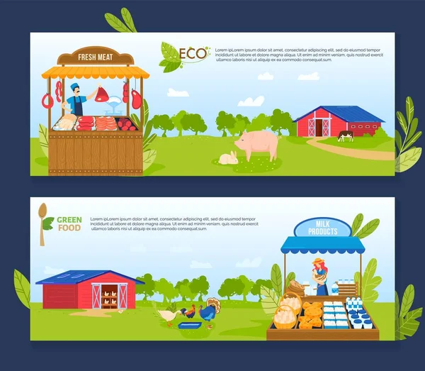 Landwirtschaftliche Vektorillustrationen, Cartoon-Flachbanner-Kollektion mit Bauernfiguren, die frisches Fleisch und Milchprodukte verkaufen — Stockvektor