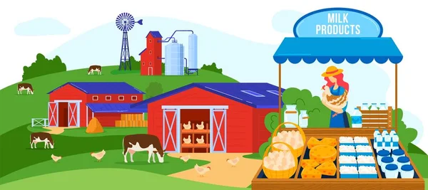 Produits agricoles laitiers illustration vectorielle, dessin animé plat agriculteur femme personnage vendant du lait de ferme, fromage, oeufs sur le marché — Image vectorielle