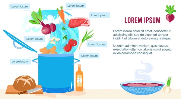 Cocinar alimentos en la ilustración vectorial cocina, dibujos animados planos ingredientes de alimentos frescos volar en olla cacerola para cocinar sopa roja o borscht — Archivo Imágenes Vectoriales