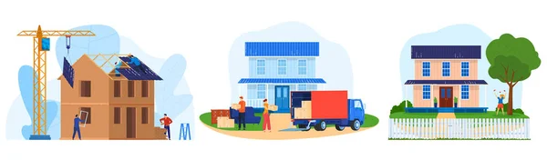 Conjunto de ilustración de vector de construcción de casa, personajes profesionales planos de dibujos animados que trabajan en la construcción, entrega de muebles de camiones — Vector de stock