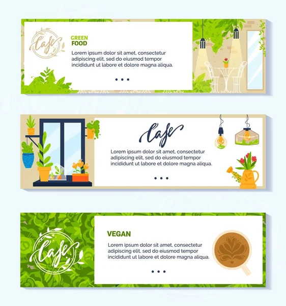 Vegano vegetariano verde café vector ilustraciones, colección de banner plano de dibujos animados con el interior moderno de la cafetería vegetariana — Vector de stock