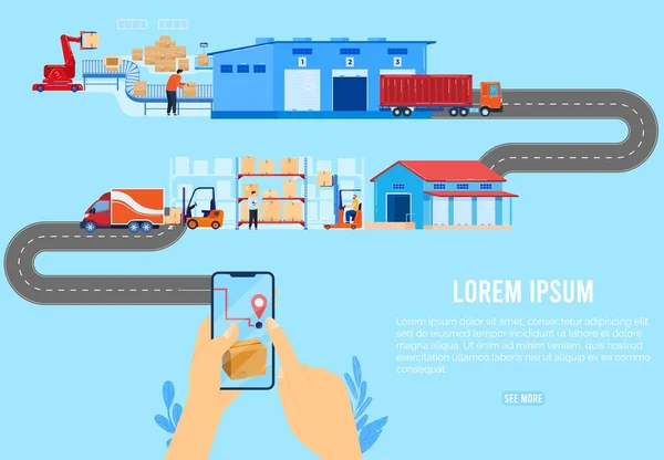 Logistische levering keten supply concept vector illustratie, cartoon platte distributeur bedrijf leveren van goederen verpakking per koerier — Stockvector