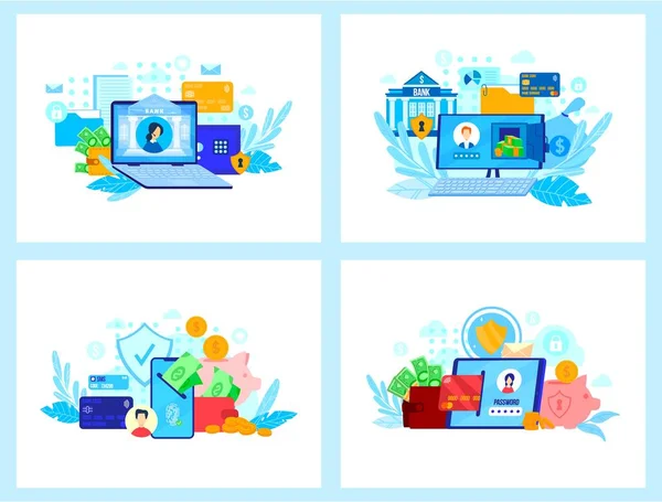 Online bancaire technologie vector illustratie, cartoon platte mobiele app voor elektronische overdracht geld, klantenservice — Stockvector