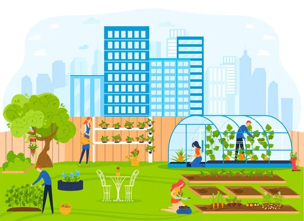 As pessoas trabalham na cidade jardim vetor ilustração, desenho animado plana urbana paisagem urbana com jardineiro trabalhador personagens jardinagem, trabalhando —  Vetores de Stock