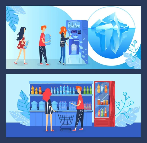 Buy drink water vector illustration, cartoon flat buyer people buying fresh clean drinking water in automatic vending machine shop — Stock Vector