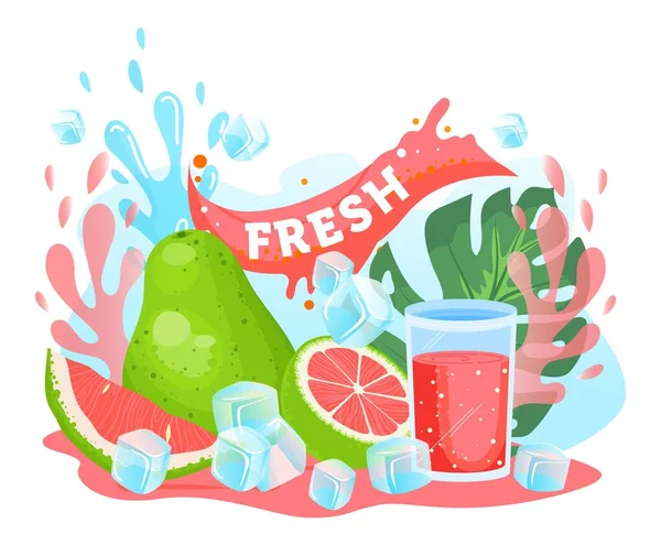 Illustration vectorielle de jus d'agrumes Pomelo, dessin animé plat rose frais pomelo agrumes juteux boisson vitaminée estivale en verre et glaçons — Image vectorielle
