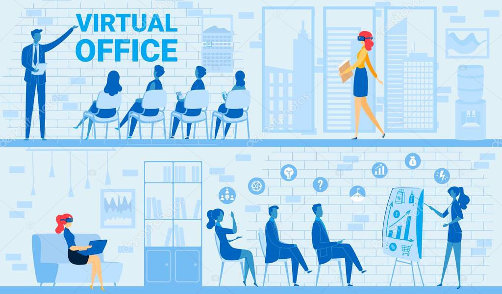 People in virtual business office meeting vector illustration, cartoon flat businesswoman in tech vr glasses sitting with laptop