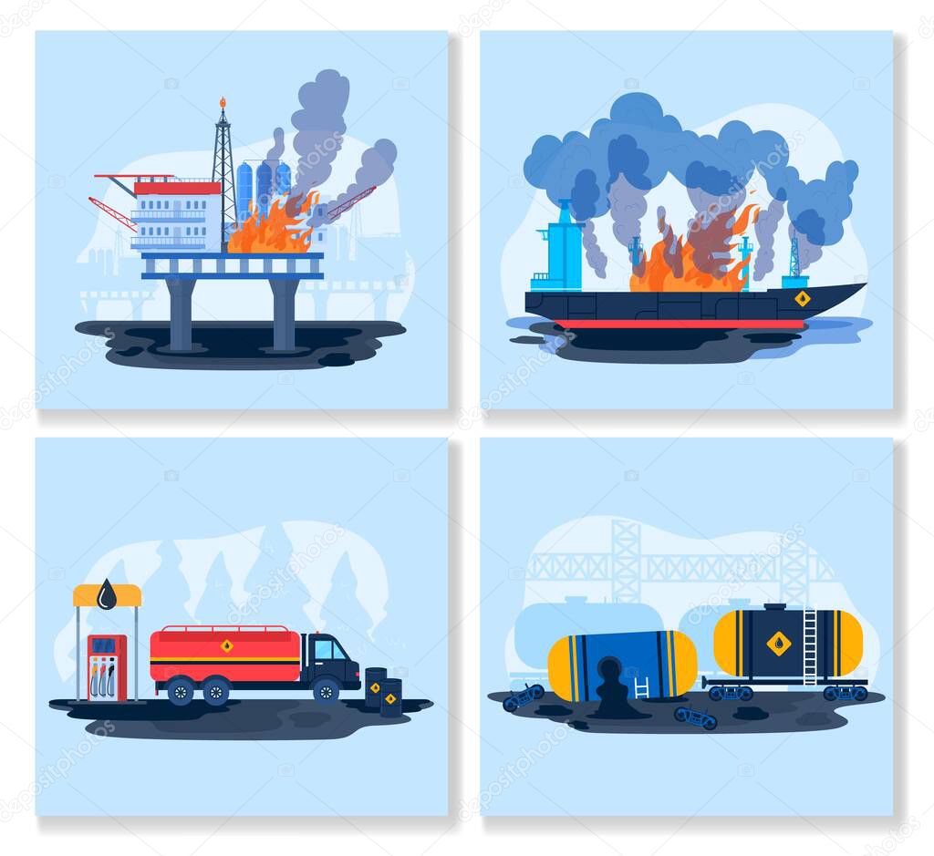Oil gas industry eco accident vector illustration, cartoon flat ecological disaster collection with flaming platform, spilled oil