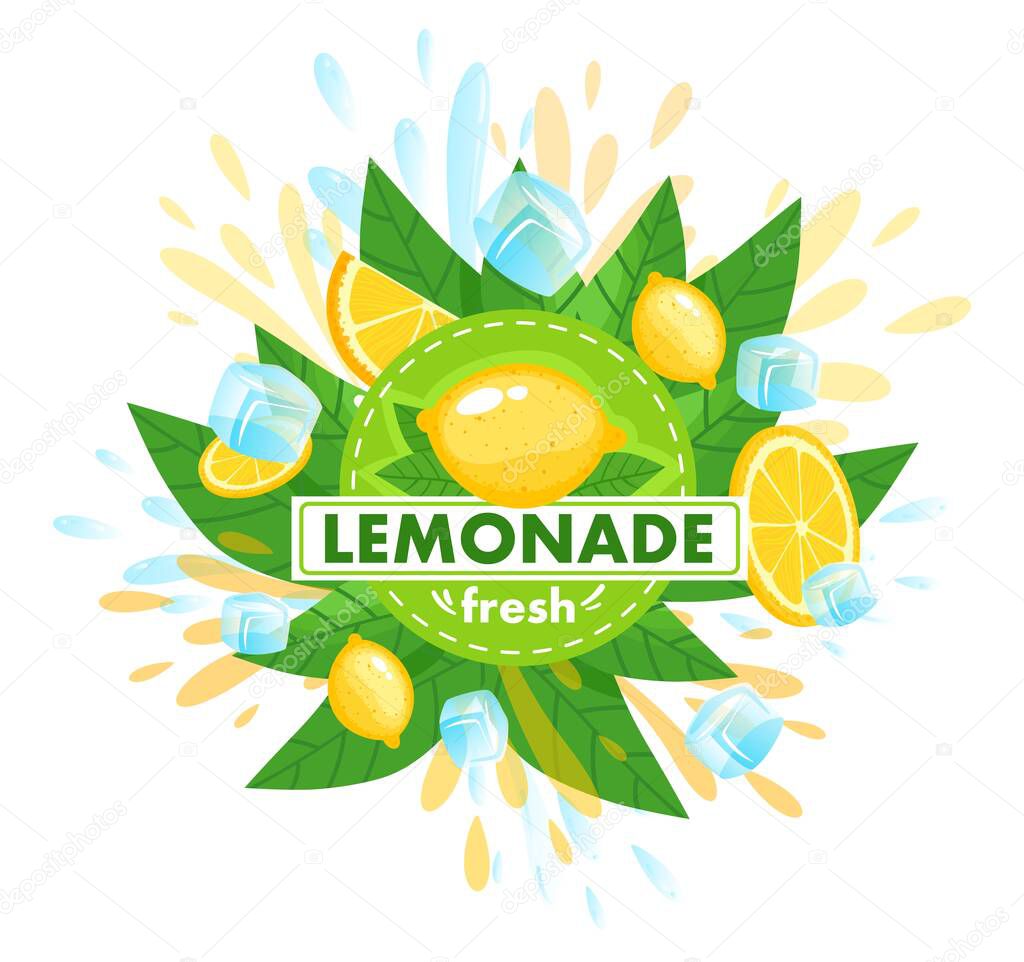 Citrus fruit fresh lemonade product vector illustration. Cartoon flat citrous design template leaflet with sliced whole lemon ripe fruits, splashing juice, green leaf and ice cubes isolated on white
