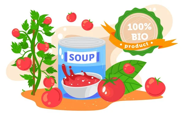 토마토 수프 통조림 식품 벡터 삽화, 만화상의 납작하게 보존 된 토마토 수프 통조림 캔과 잘 익은 토마토 가지 — 스톡 벡터