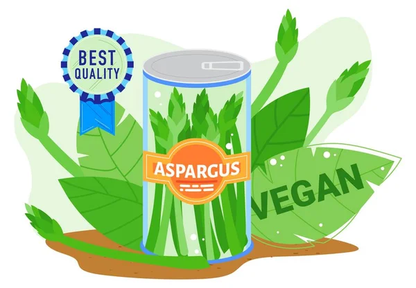 아스파라거스의 농업 제품 벡터 삽화, 만화의 평평 한 면은 신선 한 녹색 잎과 함께 통조림에서 가장 양질의 아스파라거스를 양식 했다. — 스톡 벡터