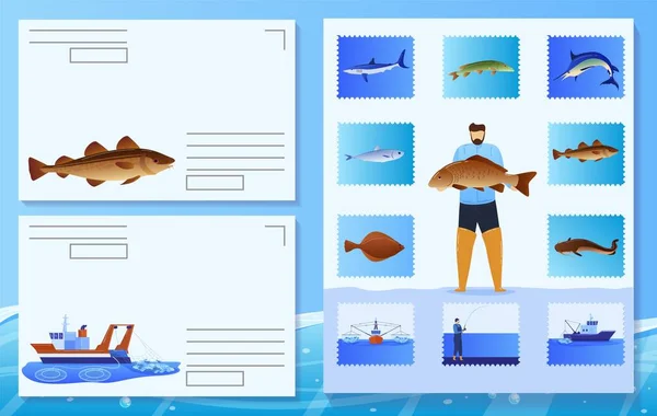 Mořské ryby poštovních známek vektorové ilustrace, kreslené ploché výstřižkové koláže sbírka námořních pošta etikety, mail rybářských razítek — Stockový vektor