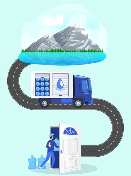 Water delivery service vector illustration, cartoon process of delivering of drinking water by courier transport truck to door