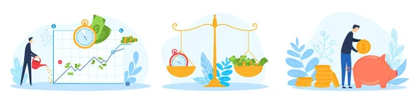 Finansiell verksamhet konto vektor illustration set, tecknad platt affärsman vattna pengar, spara guldmynt i spargris bank — Stock vektor
