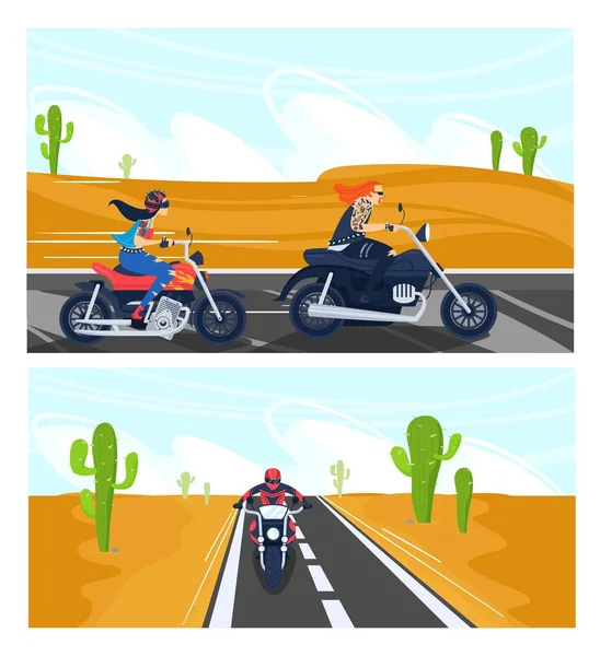 Bikers passeio moto vetor ilustração conjunto, desenhos animados motociclista pessoas andar de moto na estrada de asfalto na paisagem do deserto —  Vetores de Stock
