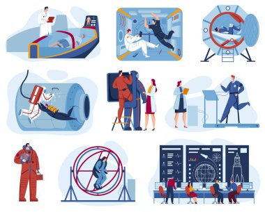 Uzay araştırma merkezi vektör çizimleri için astronot eğitim seti. Uzay istasyonunda ve uzayda kozmonotlar.