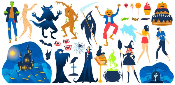 Halloween, día de los santos vacaciones temibles objetos conjunto de ilustración vectorial. Monstruo espeluznante, gato negro, calabaza, vela o rasgón, cráneo, murciélago. — Vector de stock