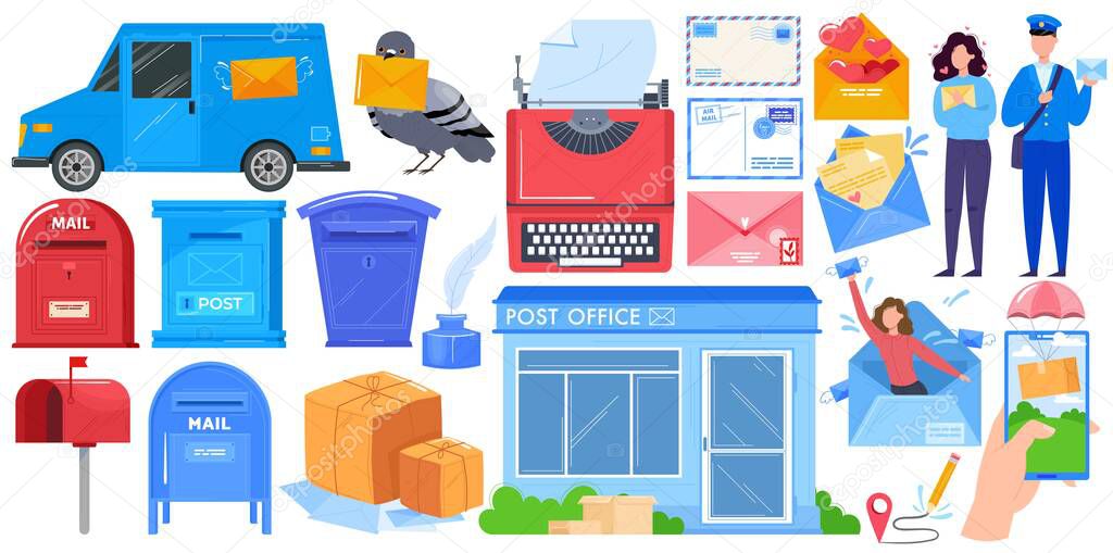 Mail delivery, post shipping service islated icons set with mailbox, post office parcels, mailman and postoffice box vector illustration.
