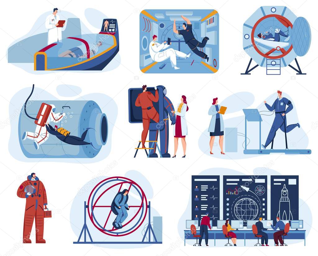 Space exploration center for astronaut training set of vector illustrations. Cosmonauts in space station and outer space.