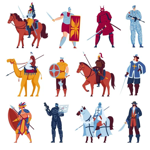 Antichi guerrieri, cavalieri con arma, personaggi medievali insieme di illustrazioni vettoriali. Guerriero romano gladiatore in armatura con spada. — Vettoriale Stock