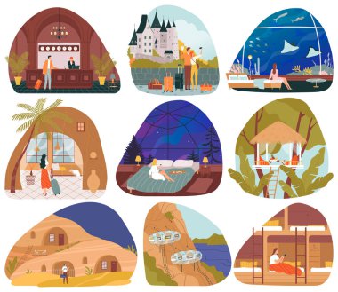 Otel resepsiyonu, turizm odası, mimari vektör çizimi seti. Turistler için yurt dışı. Yaşamak için ucuz bir yer ya da bir gece kalmak için..