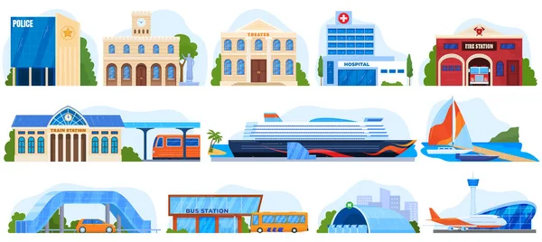 Edificios de la ciudad, arquitectura conjunto de ilustraciones vectoriales. Servicios sociales. Oficina de correos, estación de bomberos, policía y hospital. — Vector de stock