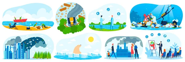 Medio ambiente contaminación, ecología, desastre ambiental conjunto de ilustraciones vectoriales. Energía verde y contaminación de la naturaleza. Central nuclear. — Archivo Imágenes Vectoriales