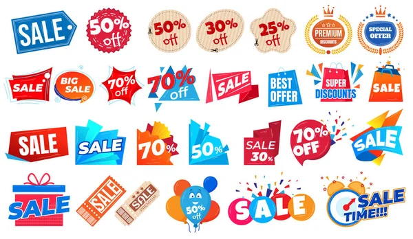 Super verkoop aanbieding en korting prijzen en coupons banners set van vector illustratie. Shopping promotie stickers voor het bedrijfsleven. — Stockvector
