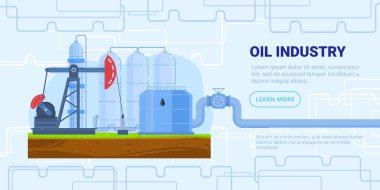 Petrol endüstrisi vektör çizimi, karikatür düz rafineri fabrikası sondaj kulesi, tank depolama, endüstriyel boru hattı