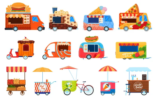 Street food vehicles, truck, vans, pushcart and counters with tent set of vector illustrations. Fast food cars with snack, hot meal. — Stock Vector