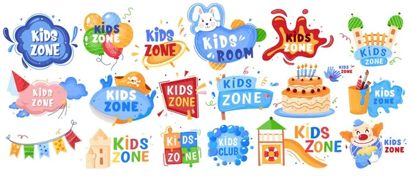 Taman bermain zona anak atau anak-anak pendidikan calsroom untuk permainan set banner vektor ilustrasi. Baby area, bermain tanda kamar, label. - Stok Vektor