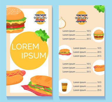 Fastfood Burger Kafe Mönü Vektör İllüstrasyonu, Hamburger veya çizburgerli çizgi film düz tasarımı, Sosisli Atıştırmalık, Kahve Sıcak İçeceği