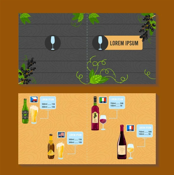 Vino cerveza bebida bar menú vector ilustración, dibujos animados bar moderno diseño de la cubierta del menú del pub con los precios de bebidas alcohólicas — Archivo Imágenes Vectoriales