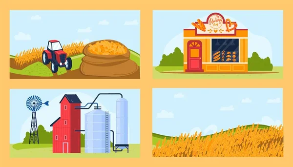 Set illustrazione vettoriale del prodotto agricolo del grano, trattore agricolo piatto del fumetto che raccoglie grano per l'industria di macinazione della farina — Vettoriale Stock