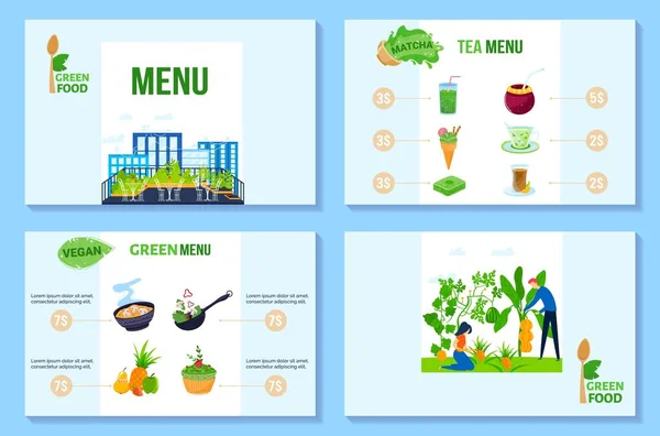 Ilustración de vectores de menú de comida verde, menú vegano plano de dibujos animados o vegetariano con comida y bebida ecológica ecológica vegetariana saludable — Vector de stock