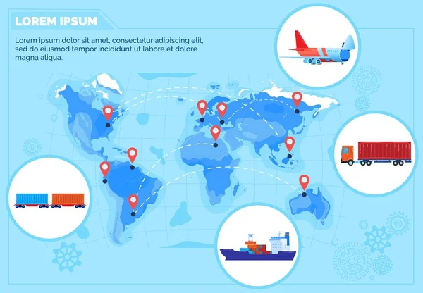 Παγκόσμιο δίκτυο διανομής logistics διανυσματική απεικόνιση, κινούμενα σχέδια infographic σε όλο τον κόσμο διαχείριση της ναυτιλίας χάρτη, διαφορετικές μεταφορές — Διανυσματικό Αρχείο