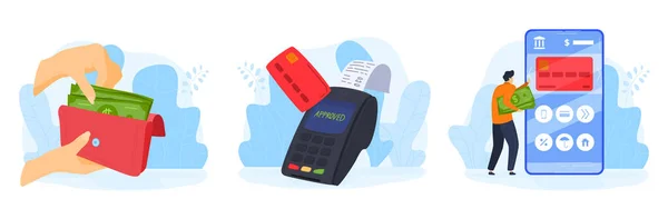 사람들은 돈 서비스 벡터 삽화 세트를 지불하고, 만화처럼 납작 한 사람이 지갑을 현금으로 들고, 신용카드로 온라인으로 지불 합니다. — 스톡 벡터