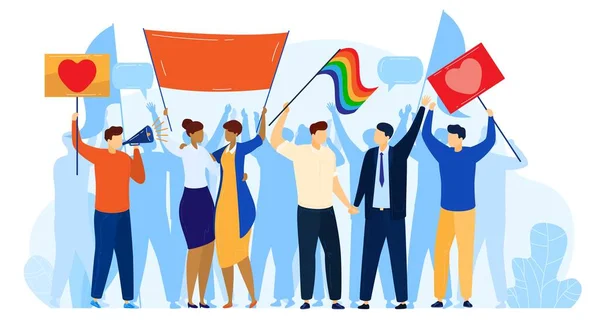 Pessoas protestam, LGBT orgulho ativismo conceito vetor ilustração, desenhos animados ativista protestante pessoas protestando com bandeira do arco-íris — Vetor de Stock