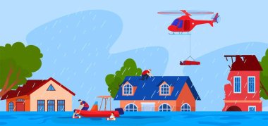 Natural disaster, accident, danger vector illustration. Scared people in flooded street. Damaged houses. Flood disaster, tsunami, emergency. clipart
