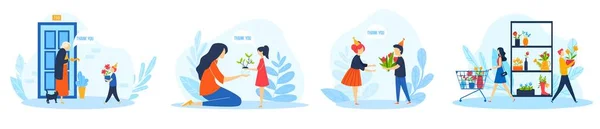 La gente que da flores vector ilustración conjunto, dibujos animados plana hombre mujer shopper personajes comprar ramos de flores en la tienda para dar regalo — Archivo Imágenes Vectoriales