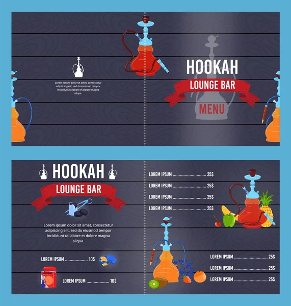 Narghilè bar menu vettoriale illustrazione, fumetto piatto lounge bar menu, tipografia moderna moda arabo shisha tabacco partito — Vettoriale Stock