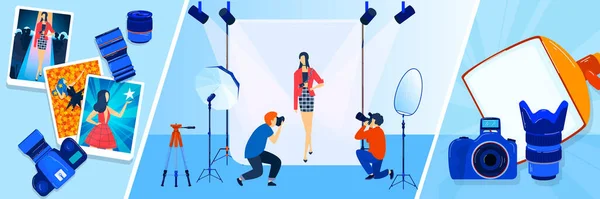 Camera uitzending, reporter, fotograaf, cameraman vector illustraties banners set. Nieuws, pers of journalistiek. Massamedia en omroep. — Stockvector