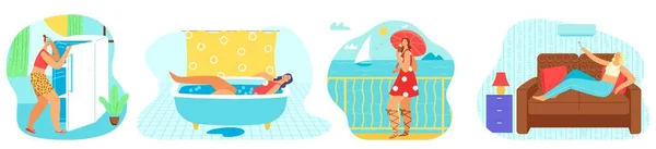 Caldo tempo e giorno d'estate insieme di illustrazioni vettoriali. Alta temperatura, sole, calore e donna stanca in bagno, vicino al frigorifero. — Vettoriale Stock