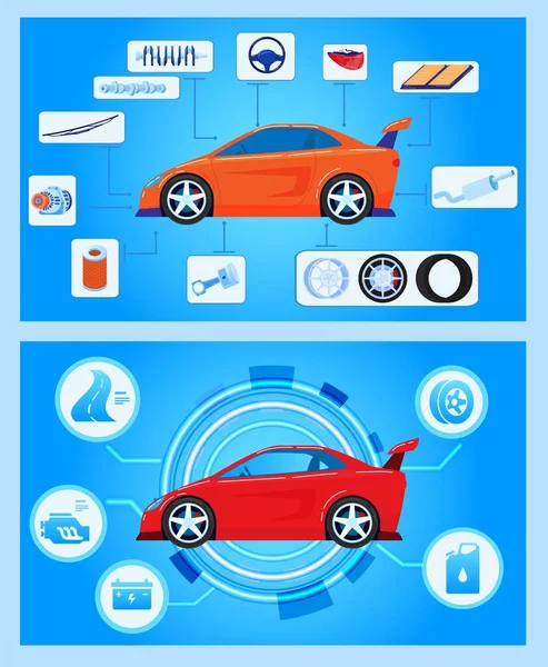 Auto diagnostica hardware auto, stato del veicolo, scansione, test e monitoraggio, analisi, illustrazione vettoriale. Servizio di assicurazione auto. — Vettoriale Stock